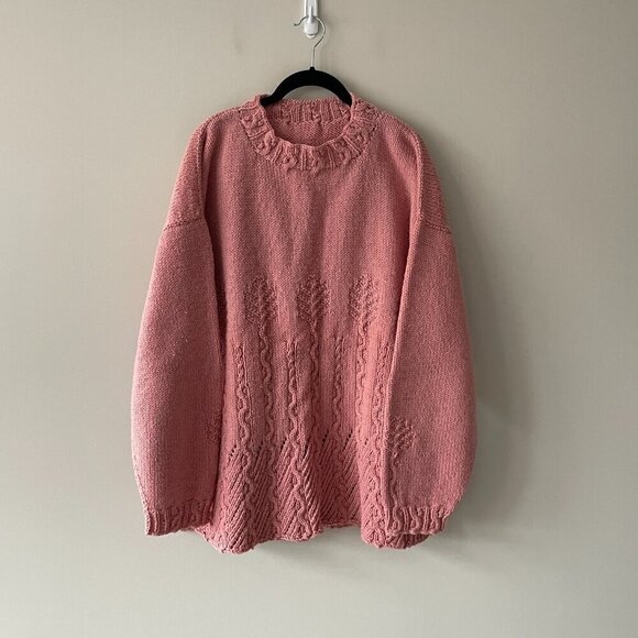Handmade Knit Cable Knit Oversized Casual Pullover Crew Neck Sweater Pink XL - Picture 2 of 7